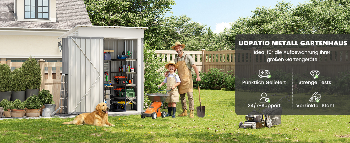 Металевий садовий будиночок UDPATIO 4 м³ (228x121x181 см) - для двору, інструментів, велосипедів. Оцинкована сталь, замок, світло-сірий