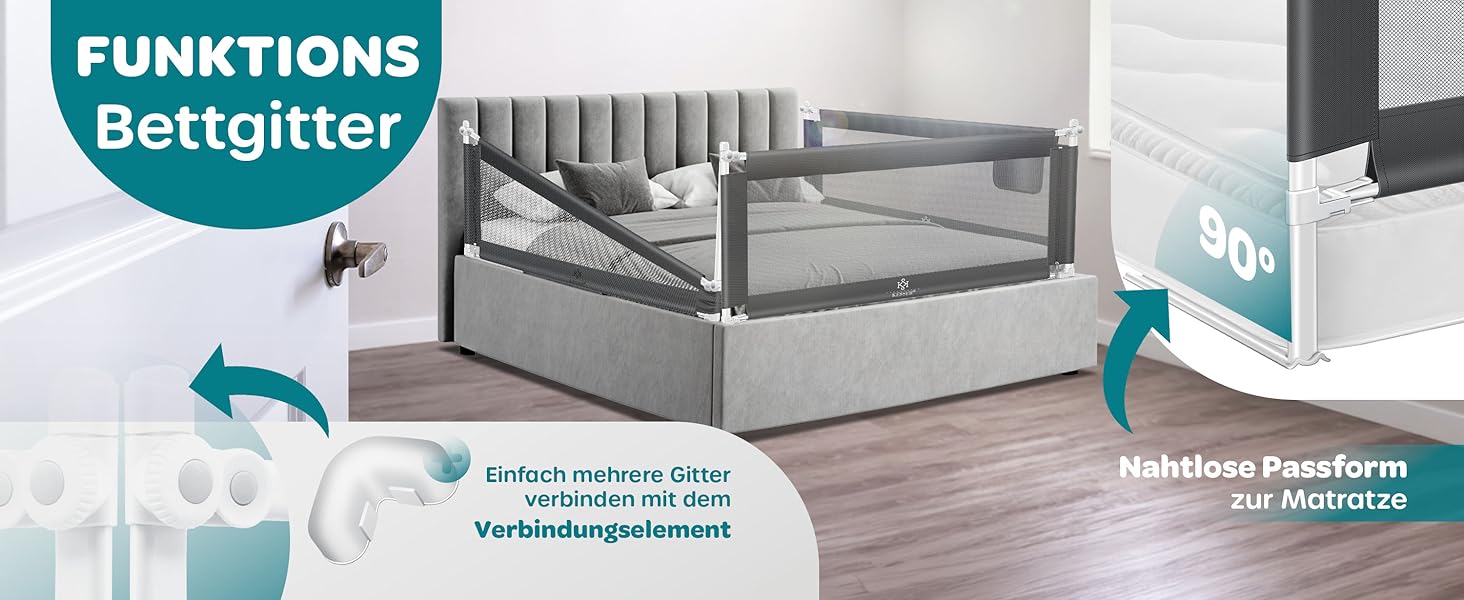 Захисний бортик для ліжка KESSER® 150 см, сітчастий, складаний та регульований по висоті, захист від випадання для дітей та немовлят, бежевий