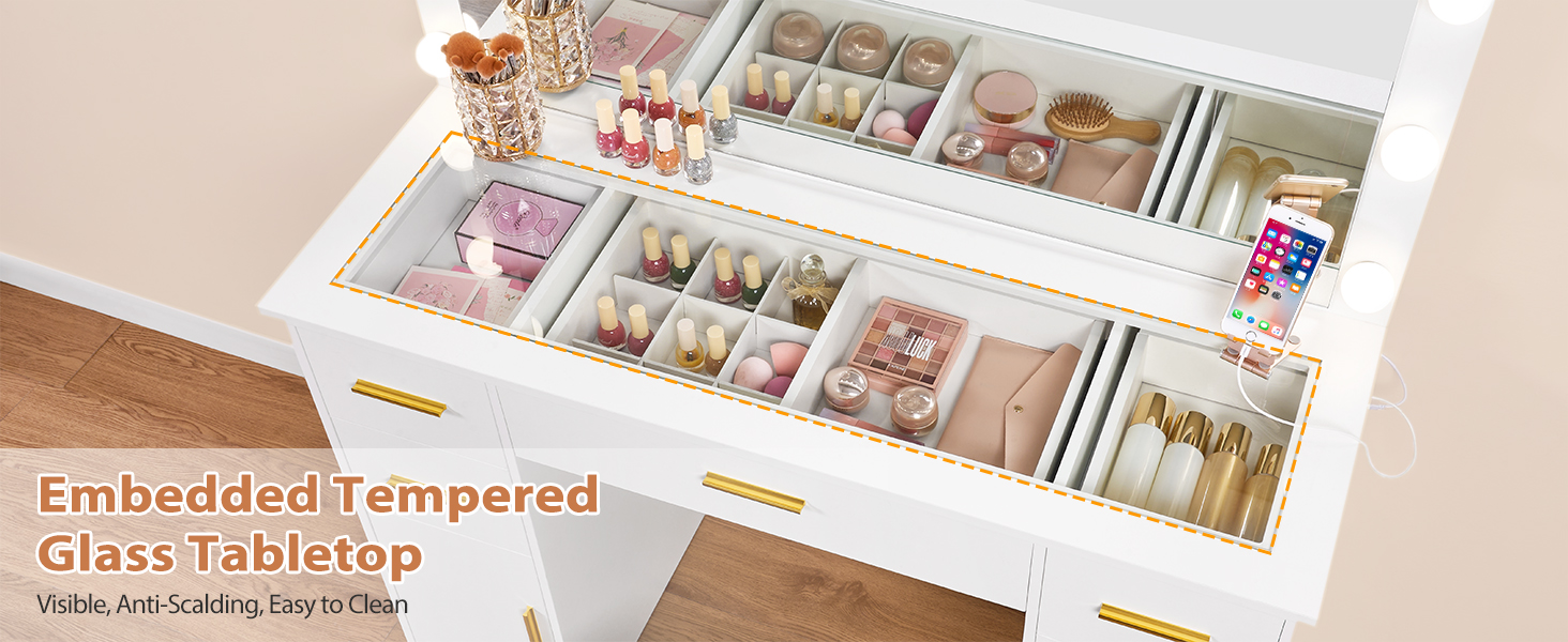 Великий туалетний столик ANWBROAD з регульованою LED-підсвіткою 3 кольорів та розеткою. Сучасний туалетний столик з дзеркалом, 7 ящиків, білий, 140x110x40 см. Модель BDT83W