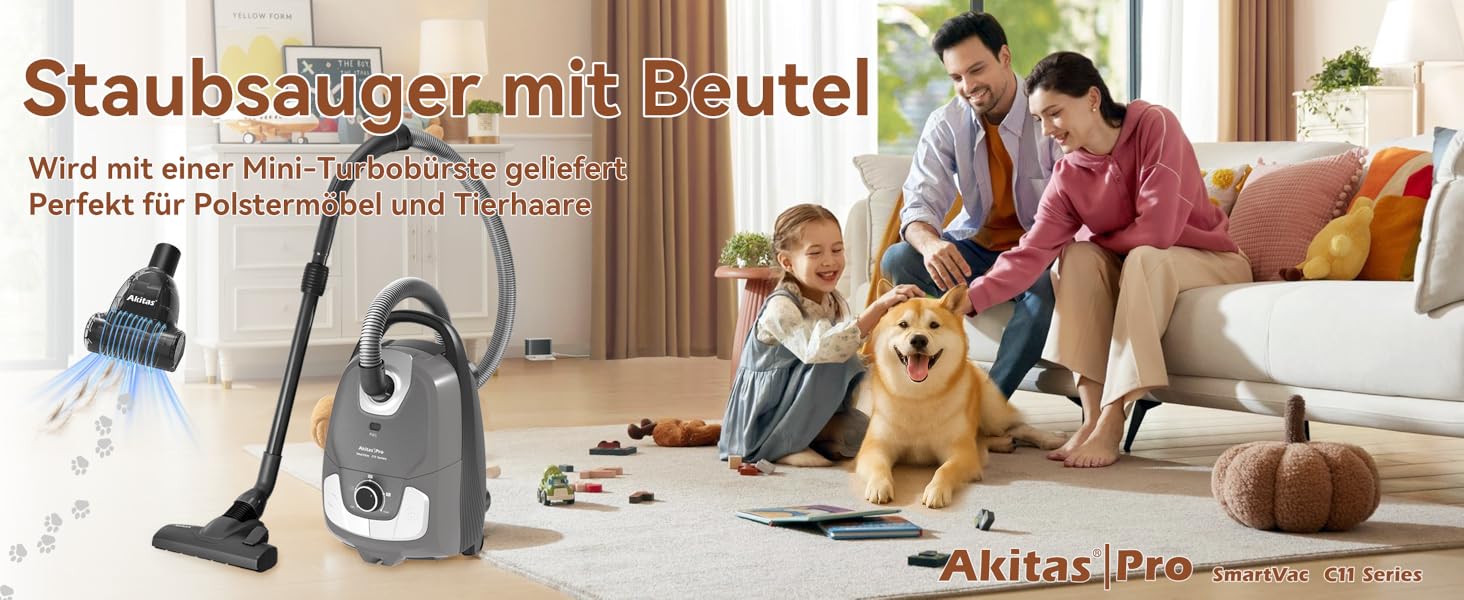 Пилсос Akitas 900W з мішком – мережевий кабель 7 м, радіус дії 10 м, тиха робота 70 дБ, додаткова насадка для підлоги, регульована потужність, велика ємність, для твердих підлог та килимів (C11 Trubo)