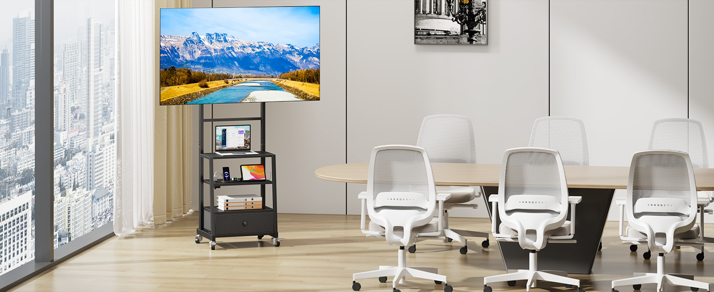 Підставка для телевізора на колесах з ящиком, чорна, 140 см. Підходить для телевізорів 32-75 дюймів