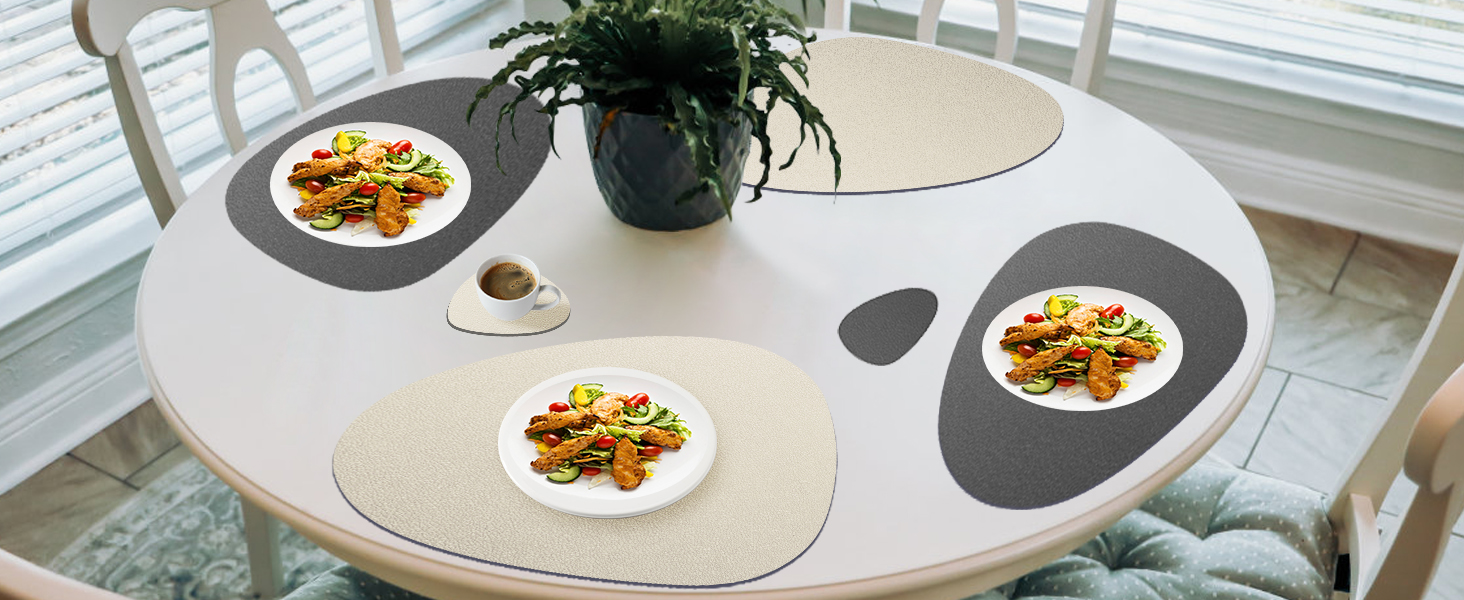 Набір з 6 підставок під тарілки, миючіся з підставками, двосторонні, з імітацією шкіри, водонепроникні для столу, кухні, ресторану та дому (6 шт., бежево-сірі)