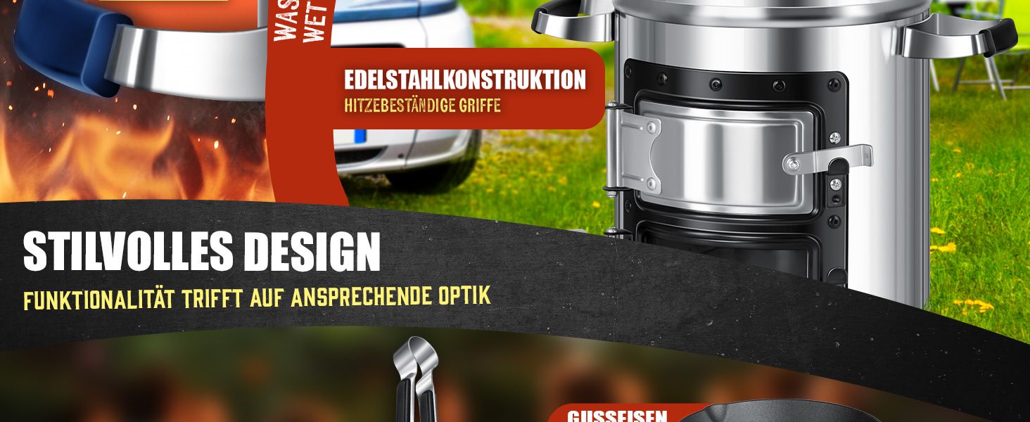 Печь-ракета KESSER® з чавунною сковородою-грилем | з щипцями та сумкою | Dutch Oven з 6 шипами | Дров'яна піч-ракета для BBQ | Кухоль для кемпінгу, відпочинку на природі, грилю | Нержавіюча сталь, чорний/сріблястий