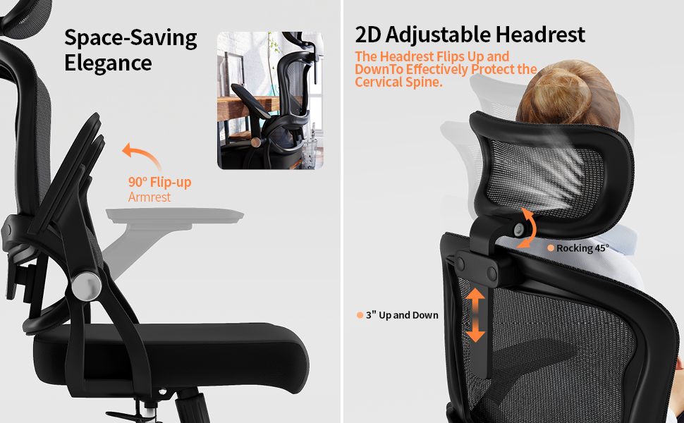 Офісний стіл-крісло Monhey з регулюванням висоти, поворотне з відкидними підлокітниками, дихаюча сітка, регульована підголовник та інтелектуальна підтримка попереку – для дому/офісу, чорний