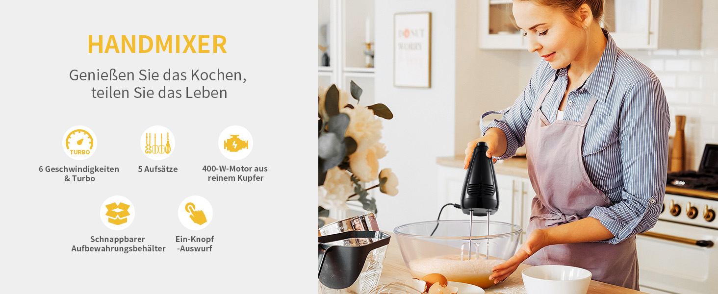 Електричний міксер ручний 6 швидкостей + турбо, без розбризкування, з набором аксесуарів з нержавіючої сталі, 400W, тихий мотор, великий об'єм