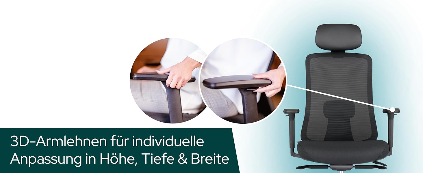 Ергономічне крісло Schekka® для офісу - переможець тестів. Індивідуальне регулювання, підтримка попереку, 3D підлокітники, дихаюча сітка. Макс. вага 150 кг, чорний колір, без підголівника.