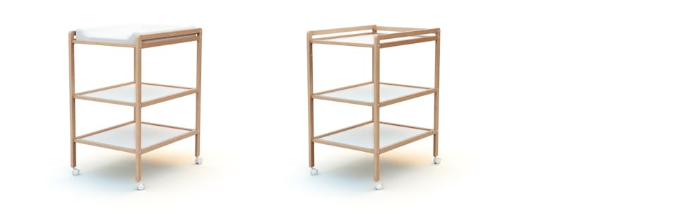 Комод для переодягання AT4 з 2 полицями, лакований бук, 75 x 58 x 94 см, з колесами, компактний, для дитячої кімнати