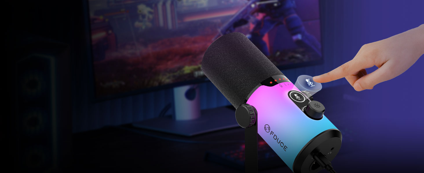 USB/XLR мікрофон для геймінгу та запису голосу FDUCE з RGB підсвічуванням, регулятором посилення та навушником.