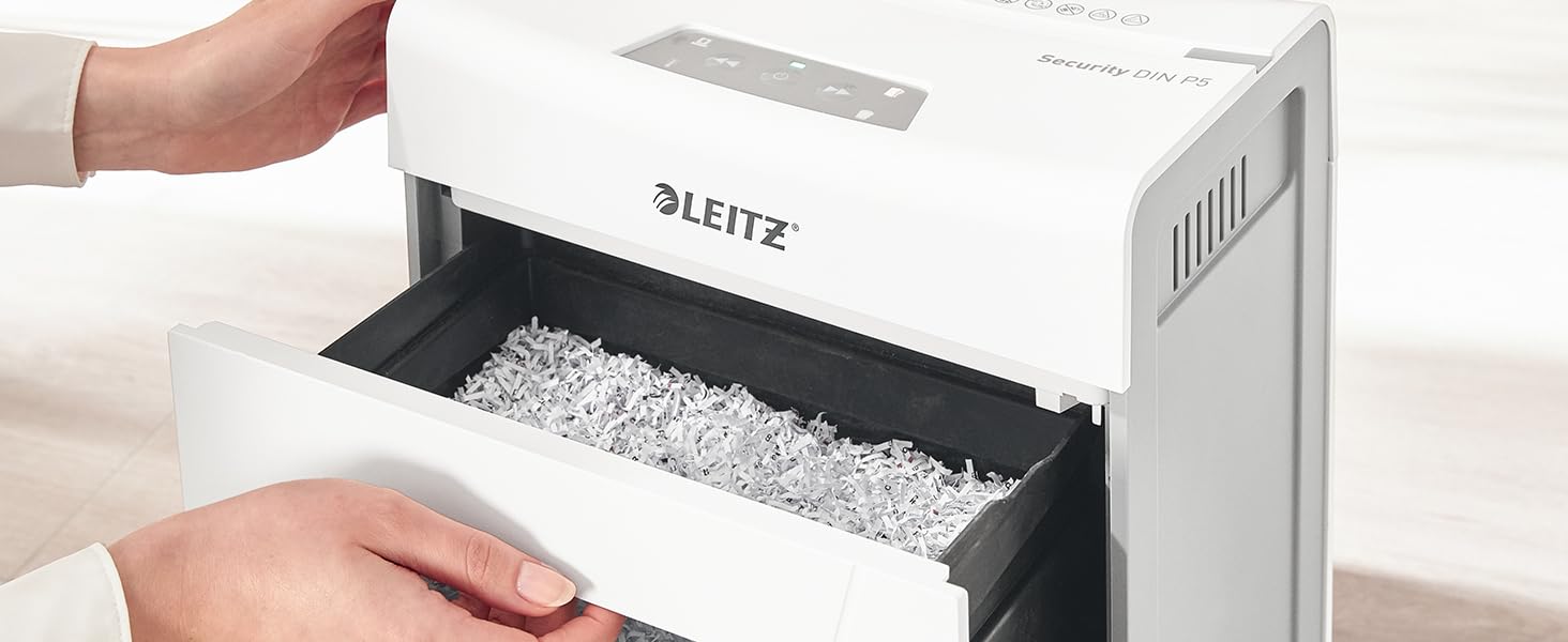 Leitz IQ 10X Premium Protect: Шредер для документів, партіковий зріз, 11-10 аркушів, тихий, компактний, сертифікований, 18л контейнер, для офісу та дому, білий
