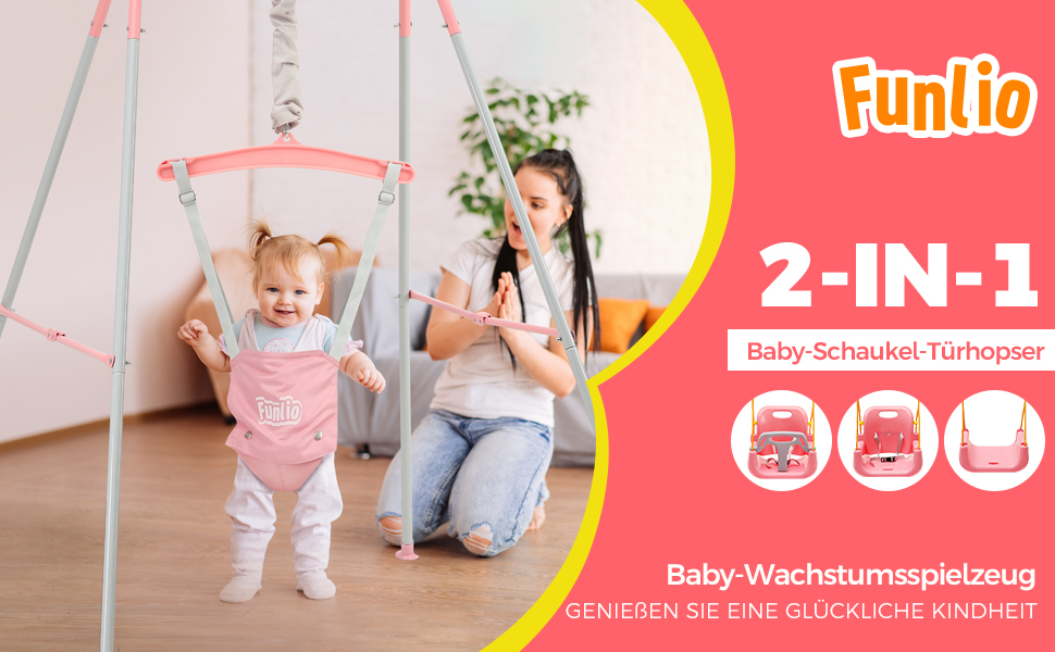 FUNLIO Набір гойдалок 2-в-1 та дверний хопер для малюків, гойдалка для дітей з 4 мішками з піском, складаний металевий стійкий каркас для використання в приміщенні та на вулиці, легко збирається та зберігається - (Рожевий)