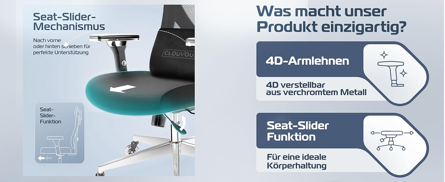 Офісний стілець CleverSeat Ergonomisch - регульований, для дому та геймінгу, до 150 кг (Чорний)