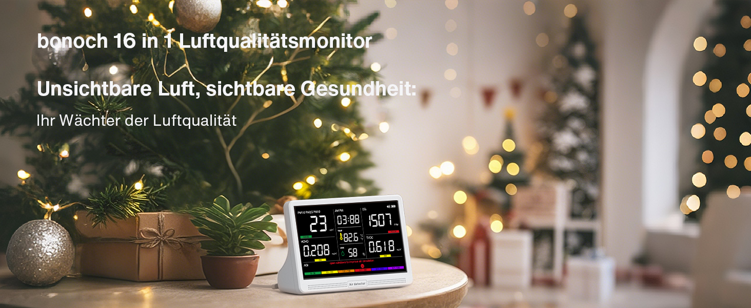 Вимірювач якості повітря Bonoch 16 в 1: Моніторинг CO2, TVOC, PM2.5, PM1.0, PM10, HCHO, Температура, Вологість, AQI, Час, Білий
