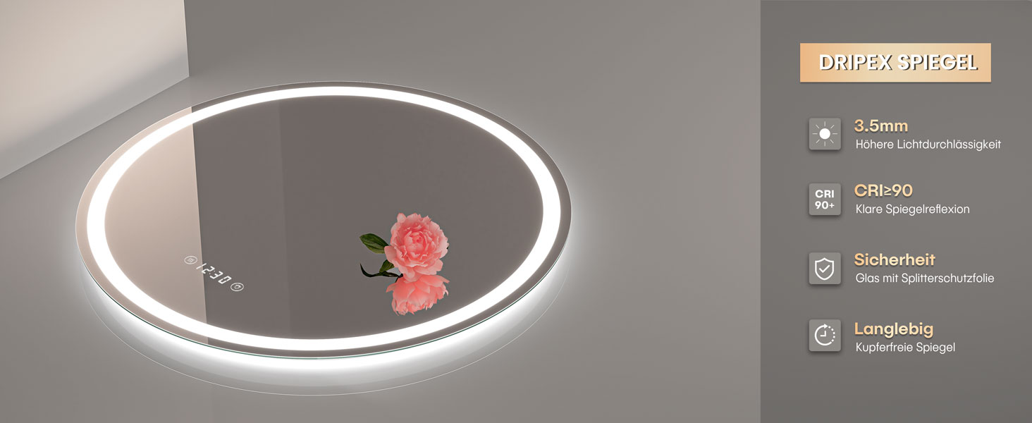Дзеркало для ванної кімнати Dripex круглої форми з підсвічуванням LED, сенсорне керування, регулювання яскравості, 3 кольори світла, запобігання запотіванню, 50x50 см