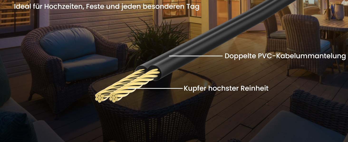 Ланцюжок прикрас для зовнішнього використання, 15м, з 25+2 LED-лампочками G40, тепле біле світло 2700K, IP65, вологостійкий, для саду, тераси, вечірок, чорний