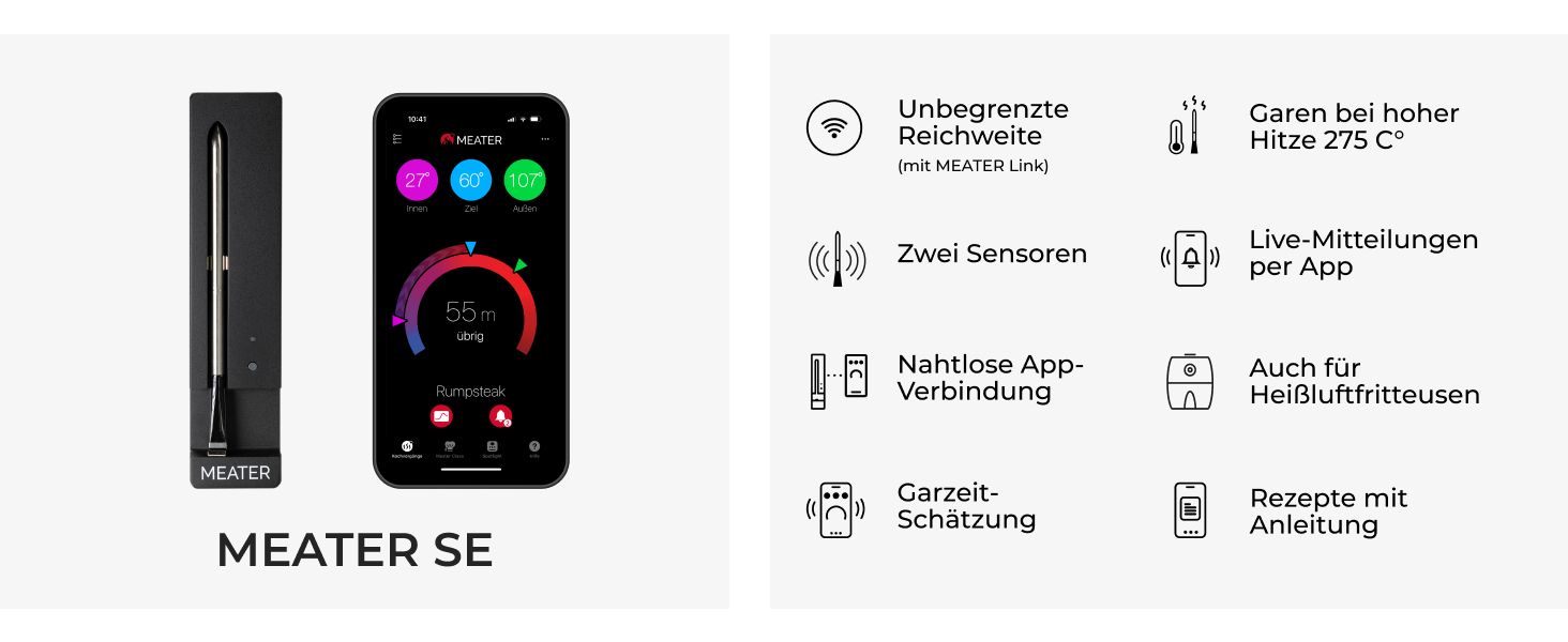 MEATER SE: Бездротовий розумний термометр для м'яса з Bluetooth | Великий радіус дії | Вимірює температуру м'яса та навколишнього середовища | Для приготування на грилі, в духовці, мангалі, на кухні, у коптилці, ротатерії | З чорним зарядним пристроєм