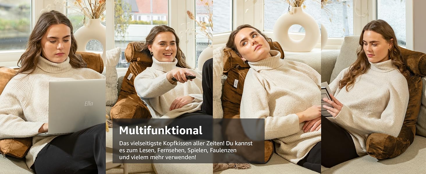 Подушка для читання Ella Lesekissen для ліжка та дивану з знімною подушкою для шиї - спинна подушка для ліжка. Подушка для читання з піною з пам'яті з підлокітниками, ідеально підходить для читання, перегляду телевізора, відпочинку або як спинна підтримка (колір: коричневий)