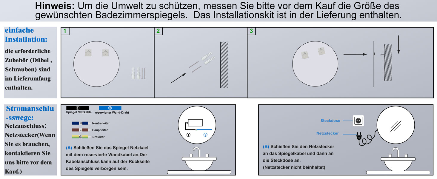 LED дзеркало для ванної кімнати Aica Sanitär, кругле, 50 см, з підсвічуванням (холодне/нейтральне/тепле світло), диммування, функція пам'яті, сенсорне управління, запобігання запотіванню, автоматичне вимкнення