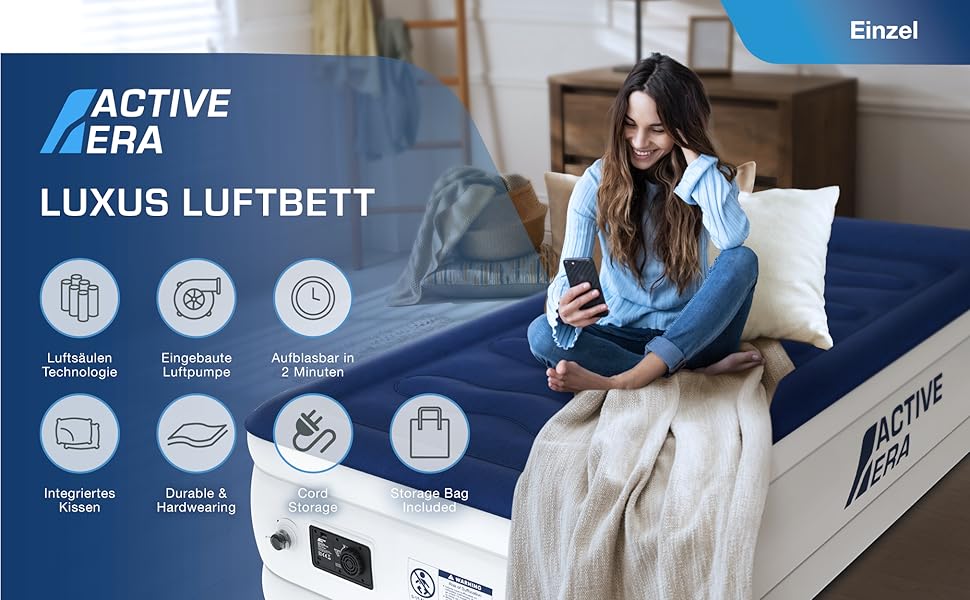 Надувне ліжко Active Era Luxus для 2 осіб з електричним насосом та інтегрованим подушкою. Розмір 200 x 150 x 36.5 см. Підходить для кемпінгу та як гостьове ліжко.