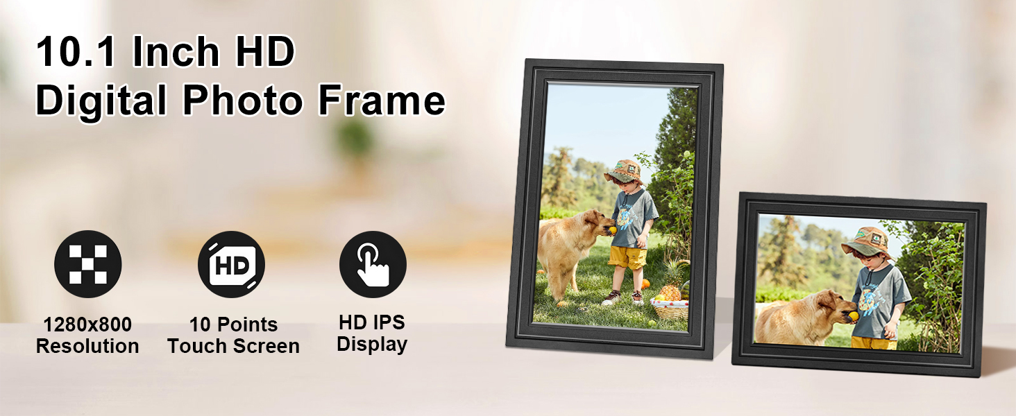 Цифровий фоторамка Lutranstra 10.1 дюйма WiFi, HD IPS сенсорний екран, 32 ГБ, автоматичне обертання, Frameo App (Чорний)