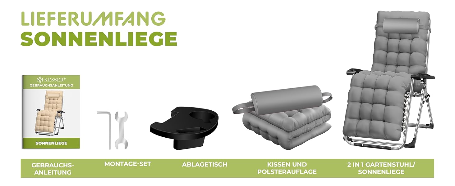 Шезлонг KESSER® для саду, розкладний, вологостійкий, 200 кг, з подушкою, регульована спинка, підголовник та тримач для напоїв, сірий