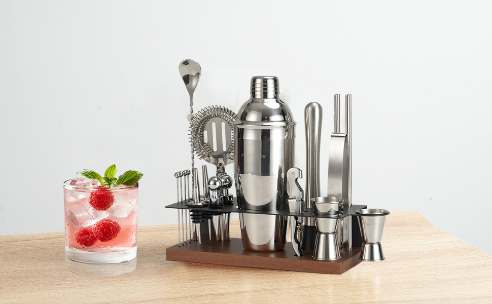 Набір бармена на 23 предмети: шейкер, сито, ложка, мадлер та інші інструменти для приготування коктейлів. Ідеально для дому, бару, вечірки (колір: коричневий)