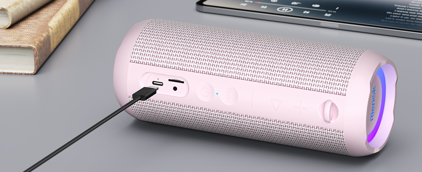 RIENOK Портативна Bluetooth Колонка з Підсвічуванням, Рожева, IPX7 Водонепроникна, 3600 mAh, Bluetooth 5.3, Бас, Стерео Звук