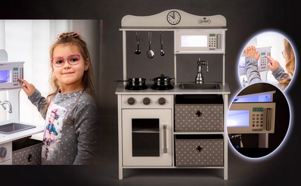 Дерев'яна дитяча кухня Kinderplay з LED та звуками приготування їжі, регульована висота 92–107 см, ігровий набір для дітей від 3 років, повний комплект з аксесуарами, світло-сірий колір (Vintage - White)