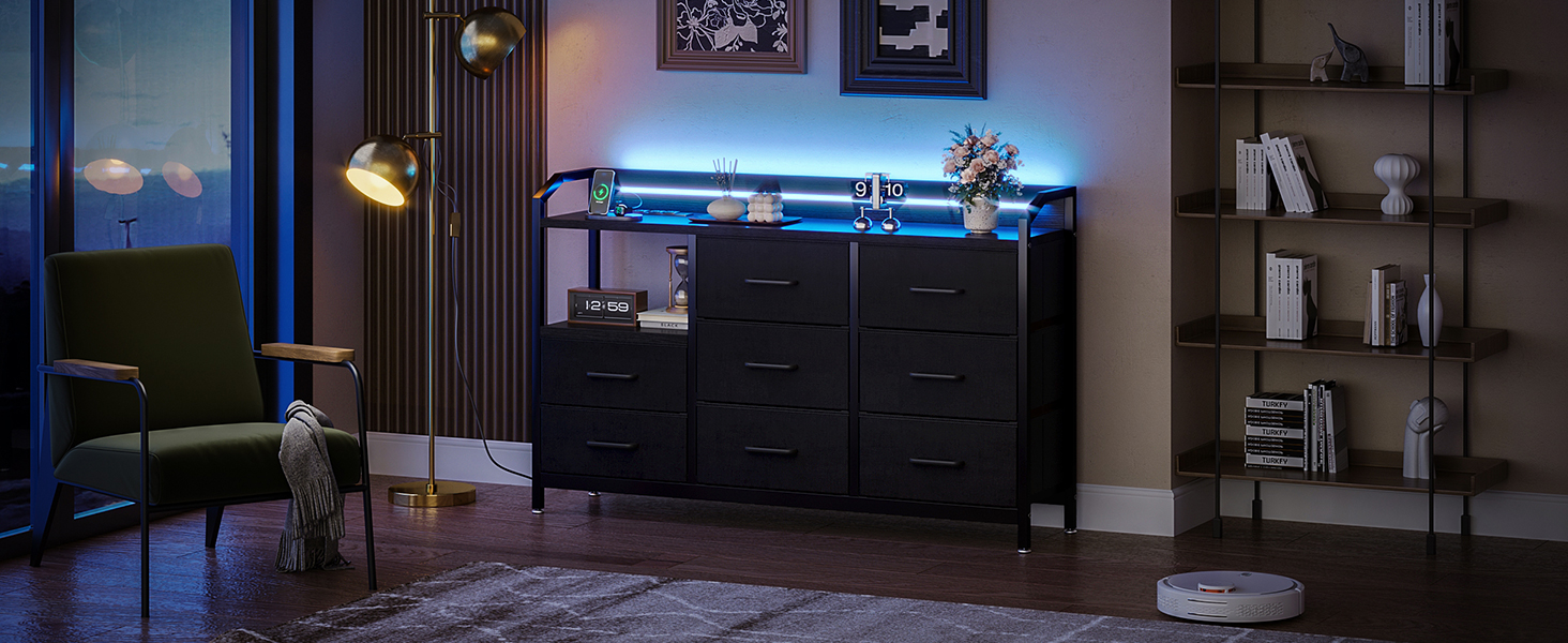 Комод ODK з висувними ящиками та LED-підсвіткою, 10 кольорів, 2 USB та 2 AC розетки, 8 тканинних ящиків, для вітальні та спальні, 110x30x88 см (Чорний)