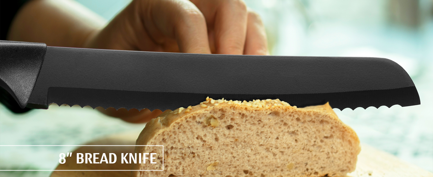 Набір кухонних ножів Hecef 15 предметів з бруском, чорний колір, антипригарне покриття, безпечний для миття в посудомийній машині, самозаточуваний брусок, ергономічні ручки, набір ножів для кухні для початківців та любителів готування (6 шт)