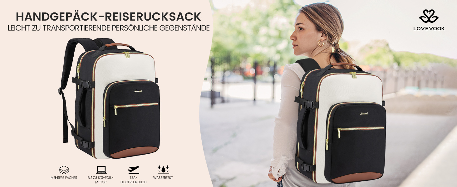 Рюкзак LOVEVOOK для ручної поклажі літака, 40L, водонепроникний, з відділенням для ноутбука 17 дюймів, для подорожей, школи, роботи, кемпінгу, чоловічий/жіночий, бежевий+чорний+коричневий
