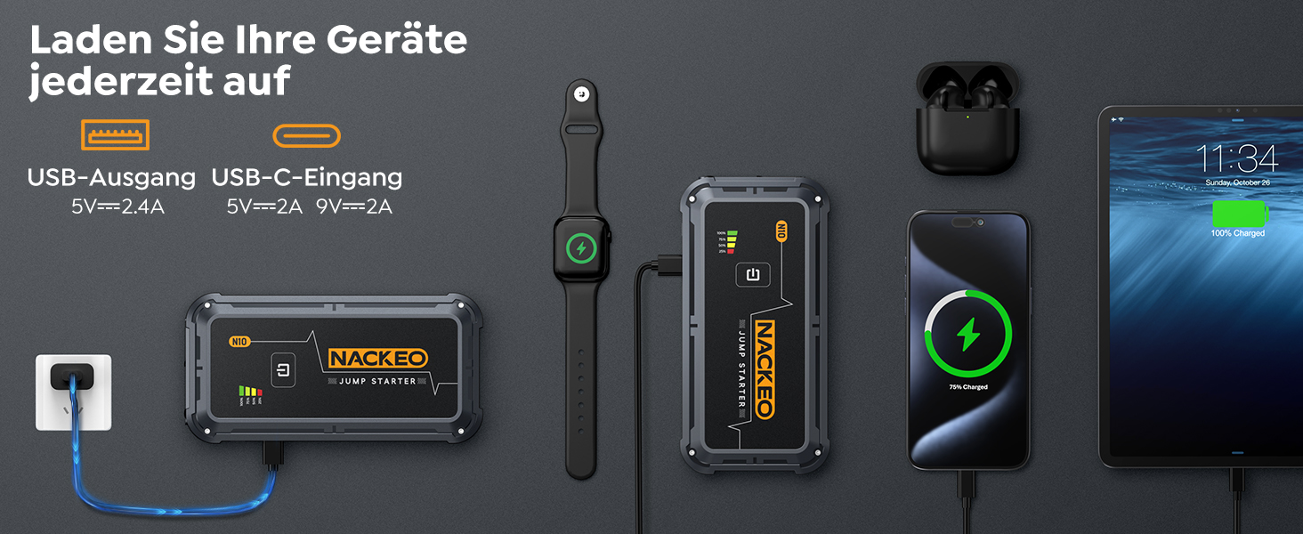 Powerbank для авто 12V Starthilfe 5000A: Зарядний пристрій для автомобіля, SUV, мотоцикла, газонокосарки з LED-ліхтарем