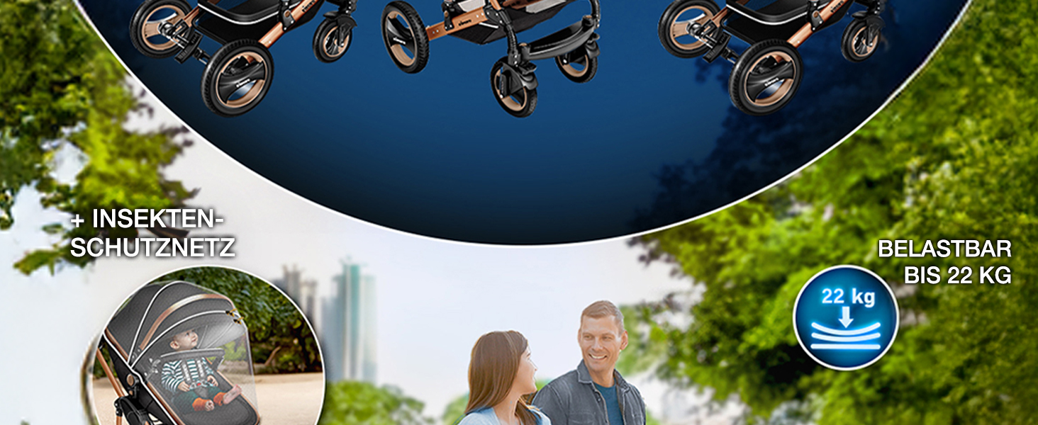 Дитяча коляска KIDUKU® 3 в 1 XXL Комплект | Комбінована коляска з люлькою, прогулянковим блоком та автокріслом | З підніжкою, сумкою для пеленання, підігрівачами для рук, дощовиком та столиком | З повного гуми | Відповідає стандарту ECE R129 (Бежевий / Мідно-золотий)