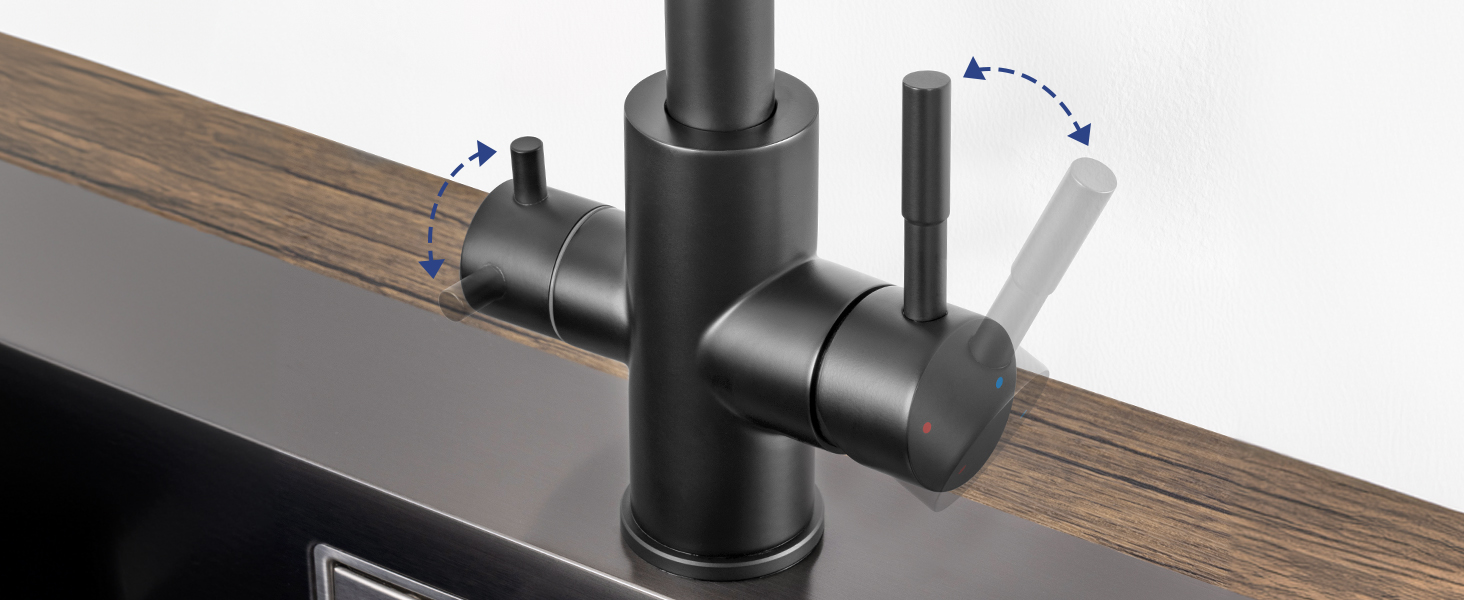 Змішувач для кухні Sofetiy 3 ходовий, 2 важелі, змішувач для гарячої/холодної/фільтрованої води, обертається на 360, чорний