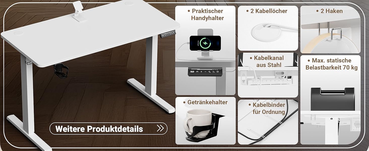 Регульований стіл 120x60 см з USB-C, електричний з пам'яттю, для офісу, стоячий, комп'ютерний, білий Pro
