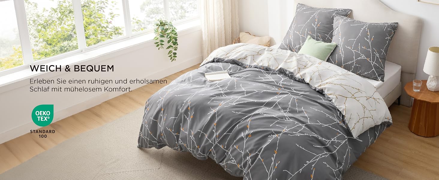 Комплект постільної білизни BEDSURE з мікрофібри, 4 предмети (135x200 см), сірий з гілками — 2 наволочки 80x80 см
