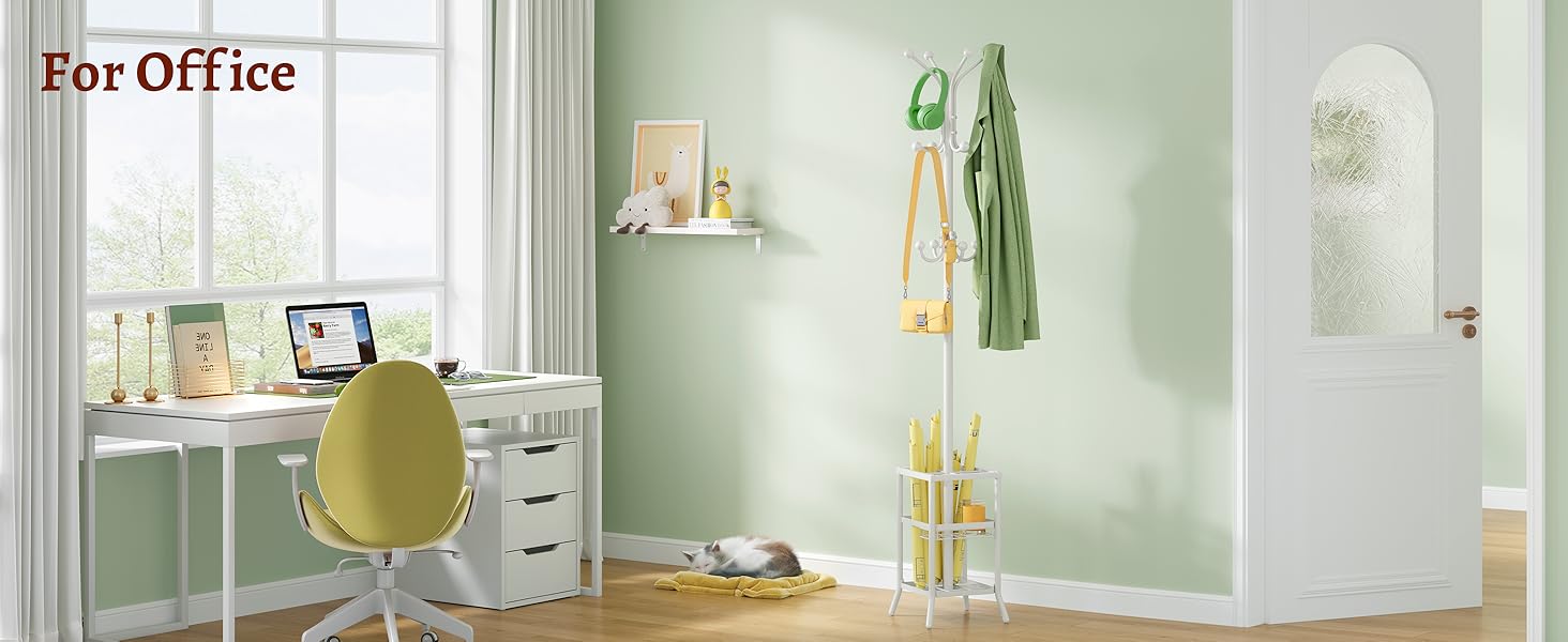 Настінна вішалка для одягу FAVOOSTY з підставкою для парасольки, 12 гачків, стійка для пальто, вішалка для одягу в вітальню, спальню, срібна (білий)