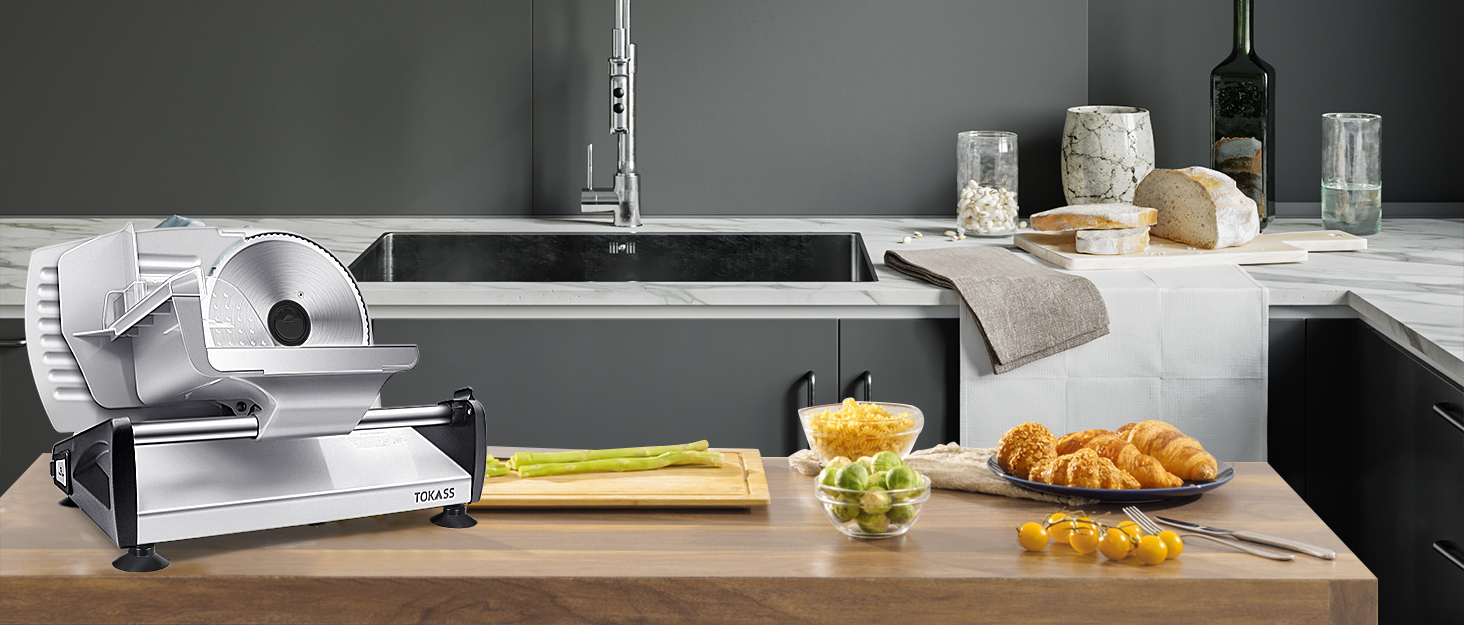 Електричний слайсер 200W з нержавіючої сталі - кухонний слайсер для м'яса, сиру, хліба та ковбаси, регулювання товщини шару 0-15 мм, 2 леза