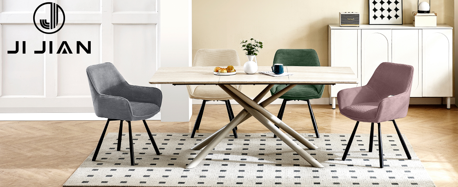 Набір з 4-х обертових стільців для їдальні з підлокітниками, 360° обертання, кухонні стільці, сучасні м'які стільці з тканинною спинкою для кухні, їдальні, спальні, бежеві