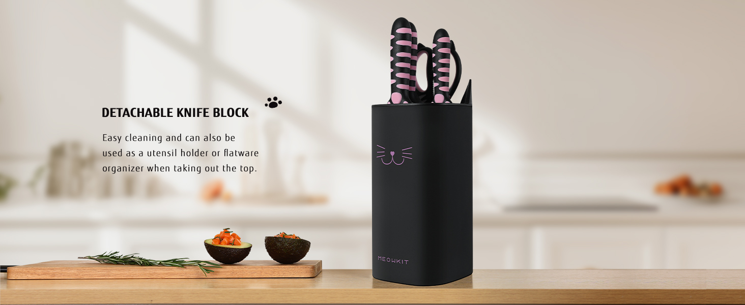 Набір кухонних ножів MeowKit 5 предметів з нержавіючої сталі, милий набір ножів з знімним блоком та ножицями, котяча форма, чорний, рожевий, рожевий
