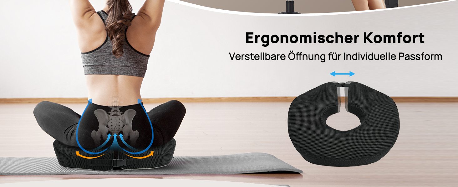 Ортопедична подушка-кільце Feagar: регульований ергономічний подушка-пончик для копчика, геморою та післяпологового відновлення, підходить для авто, офісного крісла та візка, чорна, великий розмір (90-140 кг)