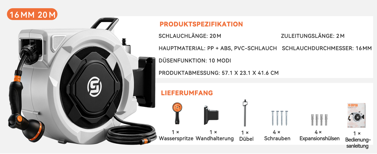 Шланговий барабан SUNPOW настінний 30м, 16 мм - автоматичний згортач з фіксацією, поворотна стіна, 10 функцій для саду, тераси та двору
