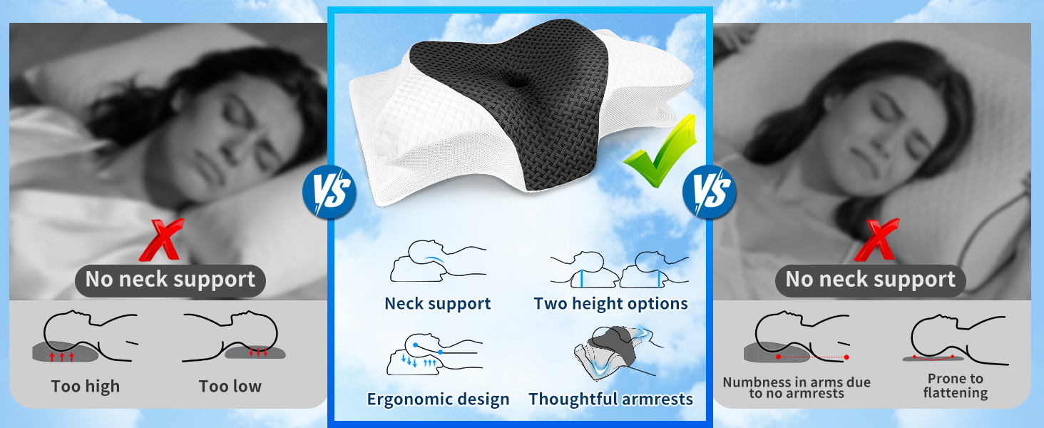 Подушка ортопедична SAHEYER з піни Memory Foam для шиї та голови, 60x35.5x10/13 см, сіра. Для зручного сну на боці.