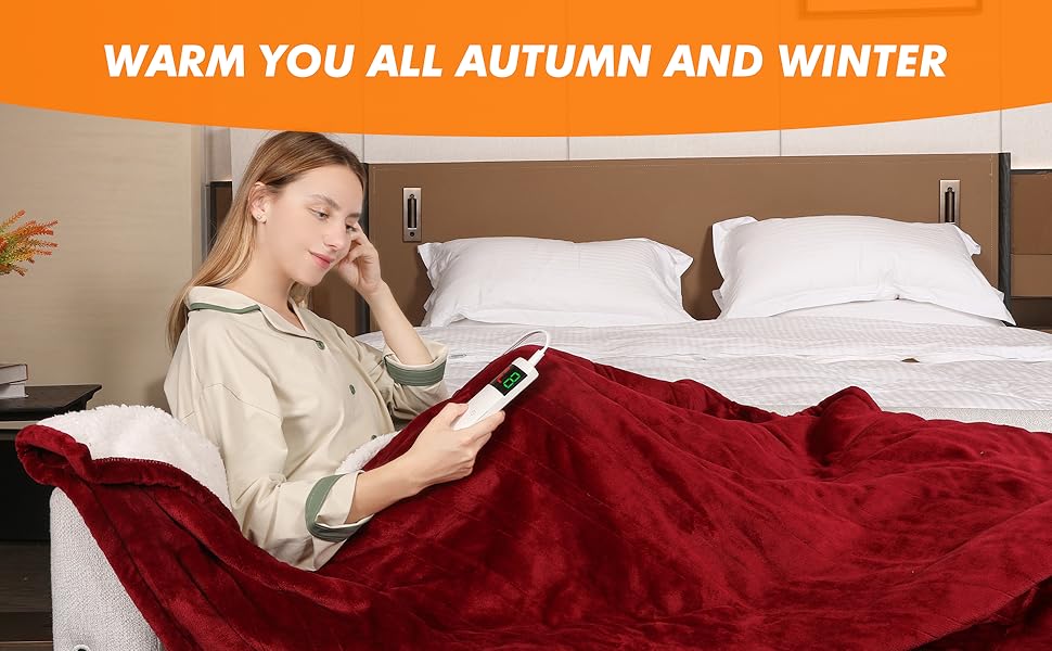 Електрична гріюча ковдра з автовимкненням, 130x180 см, 10 режимів нагріву, таймер 8 годин, захист від перегріву, фланель, машинне прання, для дому та офісу, червона, 130 x 180 см