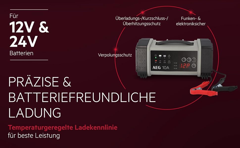 Зарядний пристрій акумуляторів AEG LT 20, 20A для 12/24V авто, 9-ступінчатий, Power Supply, інтелектуальна зарядка, автоматична компенсація температури, чорний/сірий