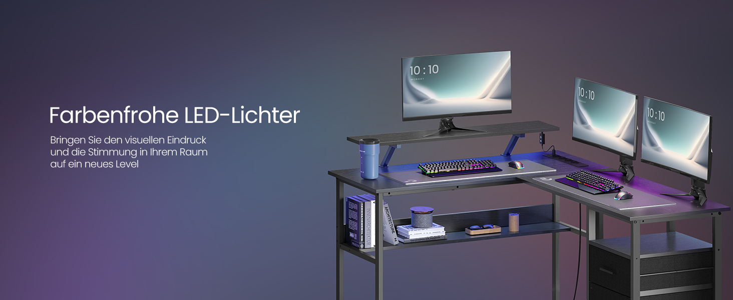 Комп'ютерний стіл VASAGLE L-подібний з розетками, LED-підсвічуванням та USB-портами, 150 x 120 x 76 см, чорний, LWD095B01