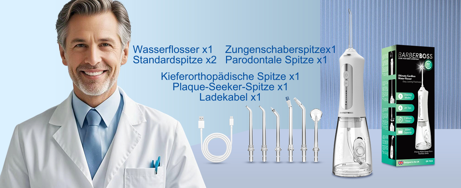 Електрична ірigator для порожнини рота BarberBoss QR-7024 (білий) - 5 насадок, різні режими очищення