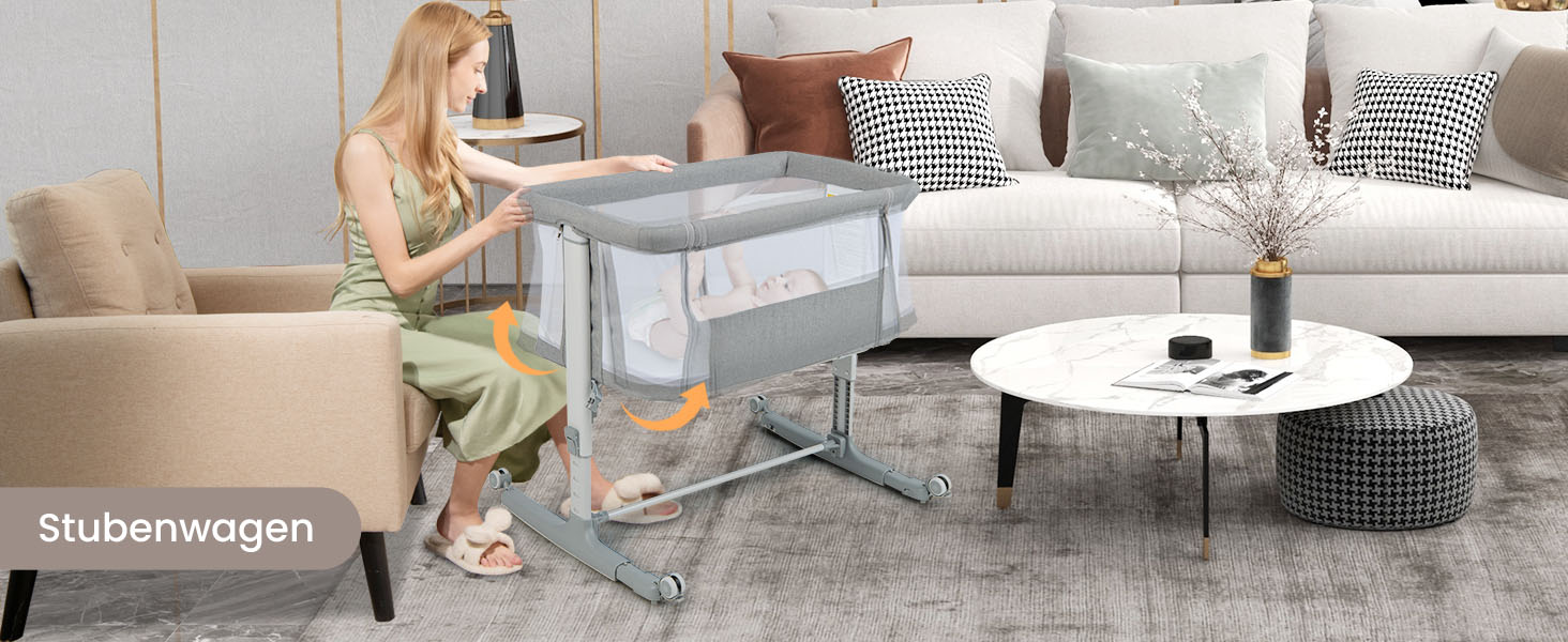 DREAMADE Beistellліжко 2-в-1 з регулюванням висоти, 5-рівнів, для новонароджених, з матрацом та колесами, 86 x 63 см, нахил 10°, сірий колір