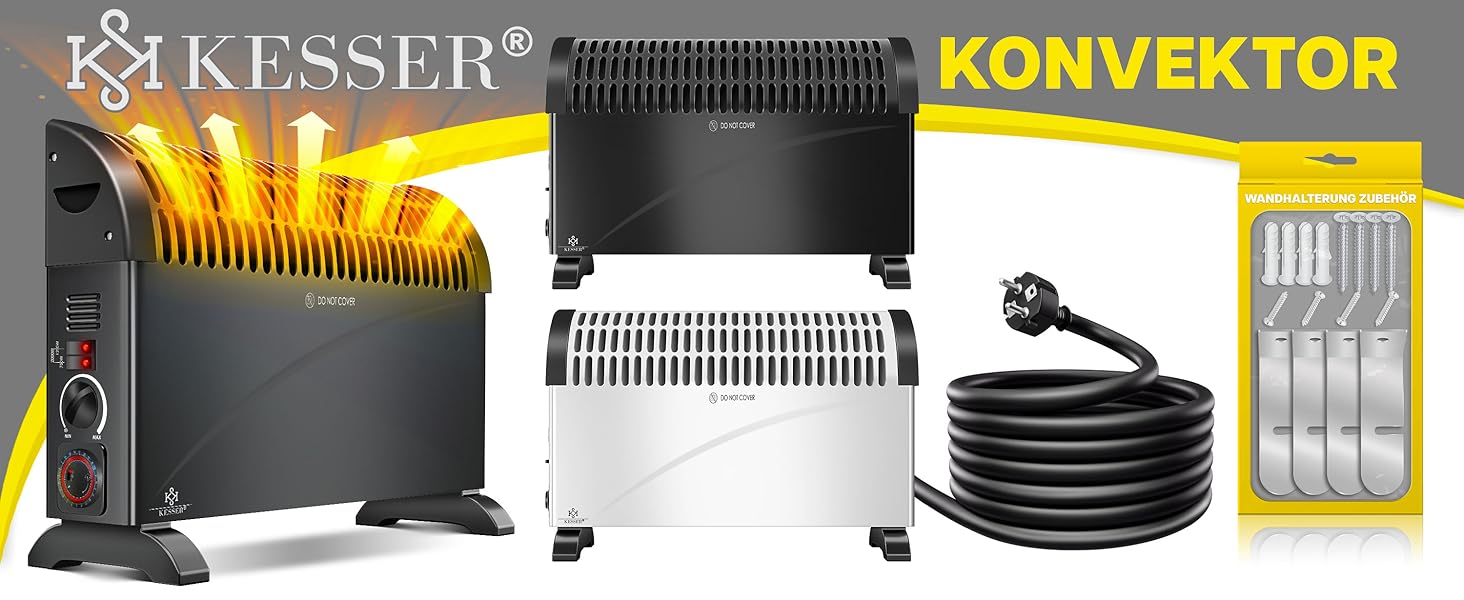 Конвектор KESSER 2000 Вт з таймером 24 год, захистом від замерзання, терморегулятором, турбонагрівом, 3 режими, ручки для перенесення, чорний