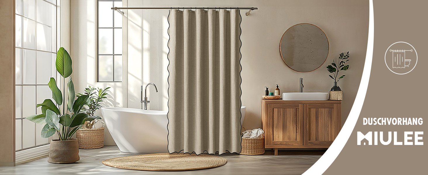 Шторка для душу MIULEE 120x200 см, льон, текстурована, з чорною окантовкою, готельний стиль, водонепроникна, антигрибкова, тканинна, з 8 кільцями, бежева