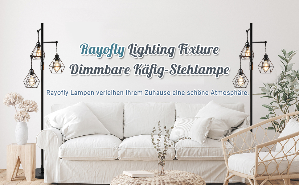 Вінтажний торшер Rayofly Dimmable з абажуром з ротанга, 3-полум'я, висота 165см